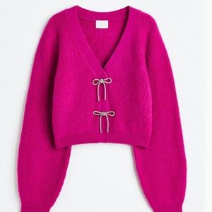 Pink rhinestone bow rib-knit cardigan - size small
